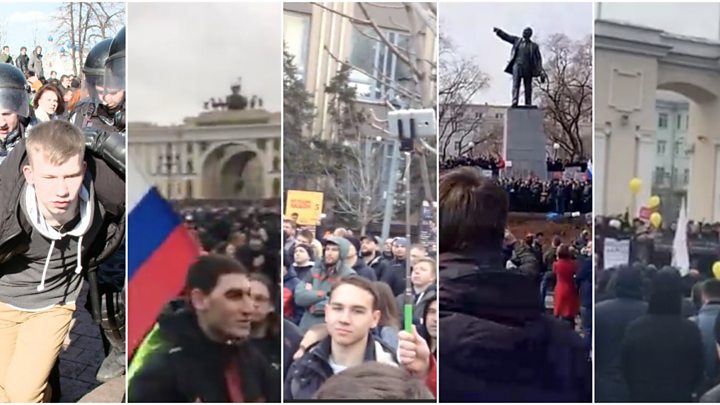 Image caption ОМОН часом жорстко затримував мітингувальників   Недільний мітинг-хід по Тверській в Москві став наймасовішою акцією опозиції за рік