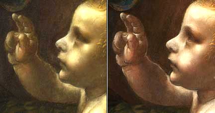 Однак подальша розчищення виявила справжній задум Леонардо: всі кольори були умисно не підкреслені, вони як би повністю втратили свою декоративність і використовувалися тільки для того, щоб висловити ідею художника