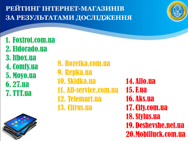 За кожним критерієм інтернет-магазинах виставляли оцінки за десятибальною шкалою, на основі яких були складені рейтинг і антирейтинг інтернет-магазинів України (зелений - це добре, жовтий - так собі, а червоний - порушники законодавства України)