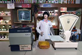 «Жінка за прилавком», Фото: Філіп Яндоурек, Чеське радіо   «Тут представлені товари, які можна було тоді купити в Чехословаччині, причому всі упаковки у нас оригінальні та повні - мариновані огірки 70-х років, м'ясні консерви, соки, шоколад, алкоголь, коробки цукерок і так далі»