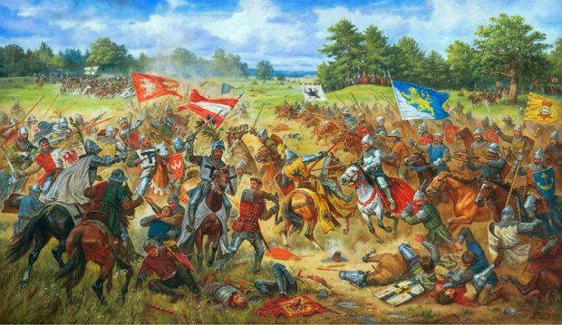 Під час опису Грюнвальдської битви (між військами держави Тевтонського ордена і об'єднаними військами Королівства Польського і Великого князівства Литовського і Руського, 1410 рік) автор повідомляє, що львівське військо виступило під синьо-жовтими квітами - це був синій прапор з золотим левом, що спирається на скелю