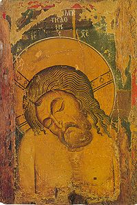 (Христос у гробі)   Іконографічна композиція, що представляє поясне зображення Христа, оголеного по пояс, з низько опущеною головою