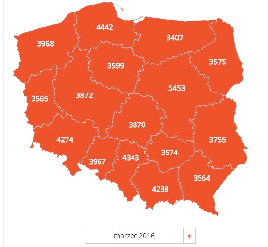 Середня зарплата в Польщі 2016 з воєводствах