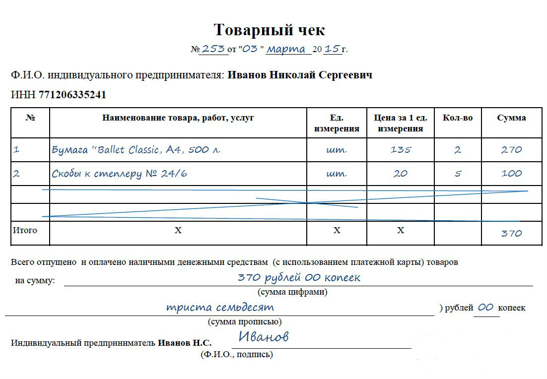 Зразок правильного оформлення товарного чека: