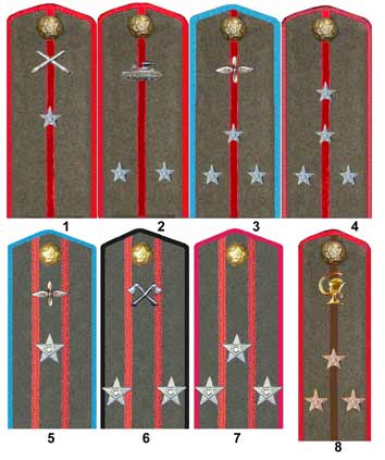 Рід військ (служба) Колір канта Колір просвіту Колір зірочок і емблем Командний склад Піхота (і загальновійськові) малиновий бордовий срібло Кавалерія синій бордовий срібло автобронетанкового війська червоний бордовий срібло Артилерія червоний бордовий срібло Авіація блакитний бордовий срібло Технічні війська * чорний бордовий срібло Інженерно-технічний склад піхота (і загальновійськові) малиновий коричневий золото Кавалерія синій коричневий золото автобронетанкового війська червоний коричневий золото Ар  Іллер червоний коричневий золото Авіація блакитний коричневий золото Технічні війська * чорний коричневий золото Чи не технічний начальницький склад Медична служба у всіх родах військ червоний коричневий золото Ветеринарна служба у всіх родах військ червоний коричневий срібло інтендантського служба у всіх родах військ ** малиновий коричневий золото Юридична служба у всіх родах військ червоний коричневий золото