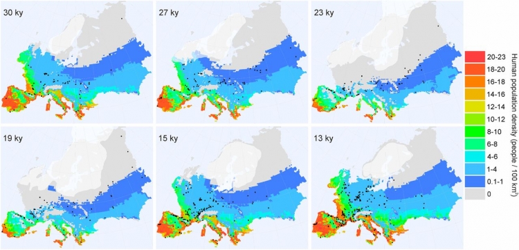 Льодовик і щільність населення в Європі ( ку - це тисячі років)