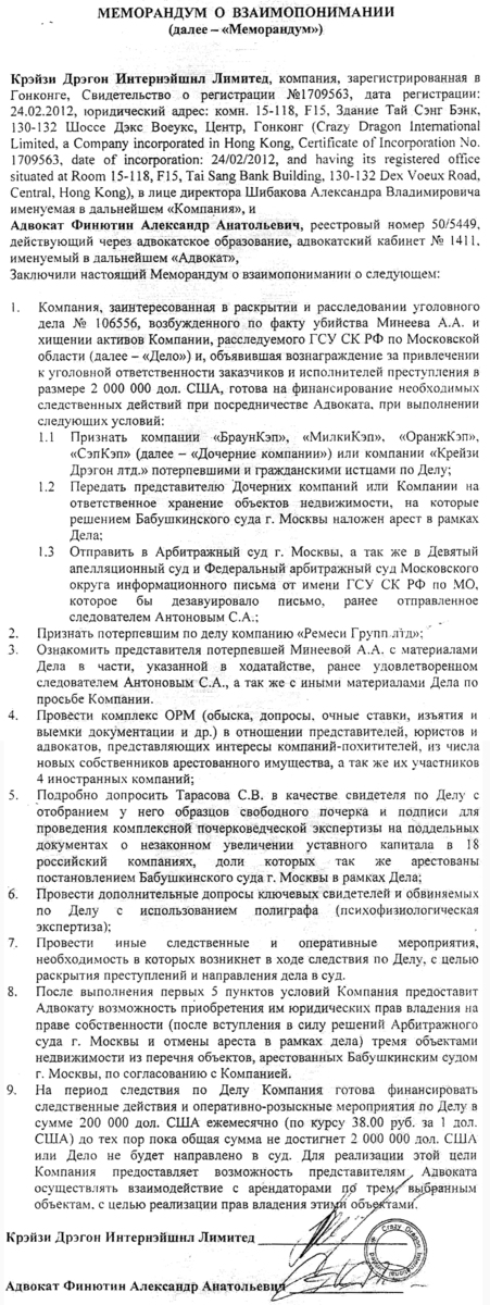 Саме влітку 2015 року в інтернеті сплив «Меморандум про взаєморозуміння», датований груднем 2014 року і підписаний з одного боку московським адвокатом Олександром Фінютіним, з іншого - Олександром Шібаковим, директором Crazy Dragon