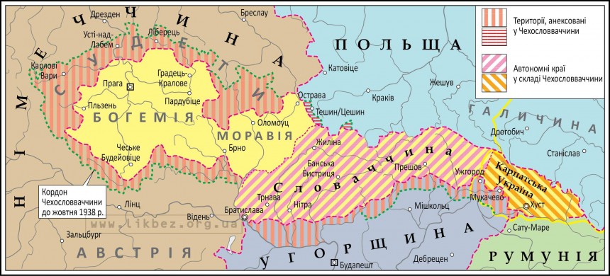 Втім, кажучи про Мюнхені-1938 і його наслідки, мало хто згадує, що тоді його жертвою став також і українське питання, що було пов'язано з окупацією в березні 1939 р східній частині Чехословаччини - території Карпатської України (сучасного Закарпаття) військами хортистської Угорщини
