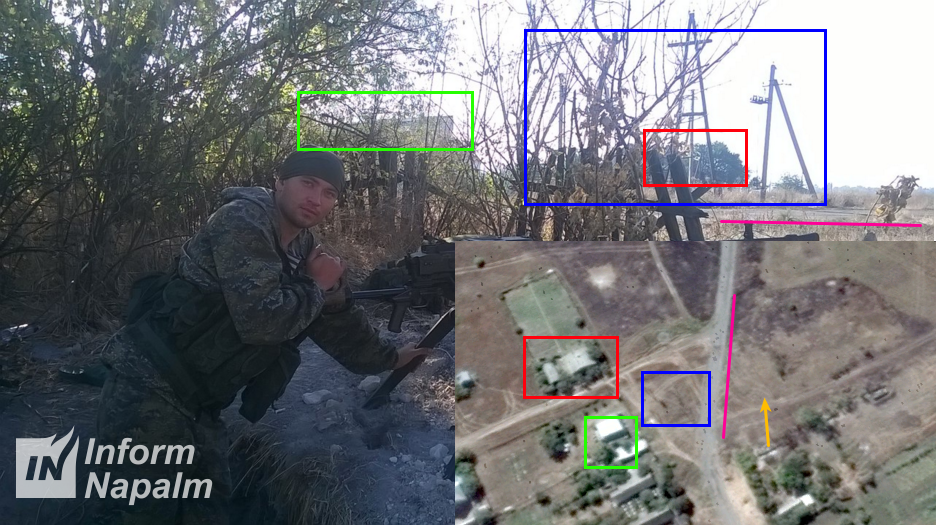 За допомогою сервісу GoogleEarth вдалося встановити точне місце (   тут   ) Зйомки, позиції кулемета і напрямок прицілювання (позначено жовтою стрілкою)