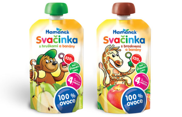 До року малюкові можна вже половину банана, ця порція - пакетік- павукові пюре «Hamanek» з бананом і грушею